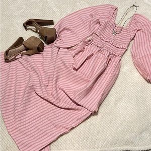 TOPSHOP Smocked Stripe Long Sleeve Cotton Blend Midi Dress